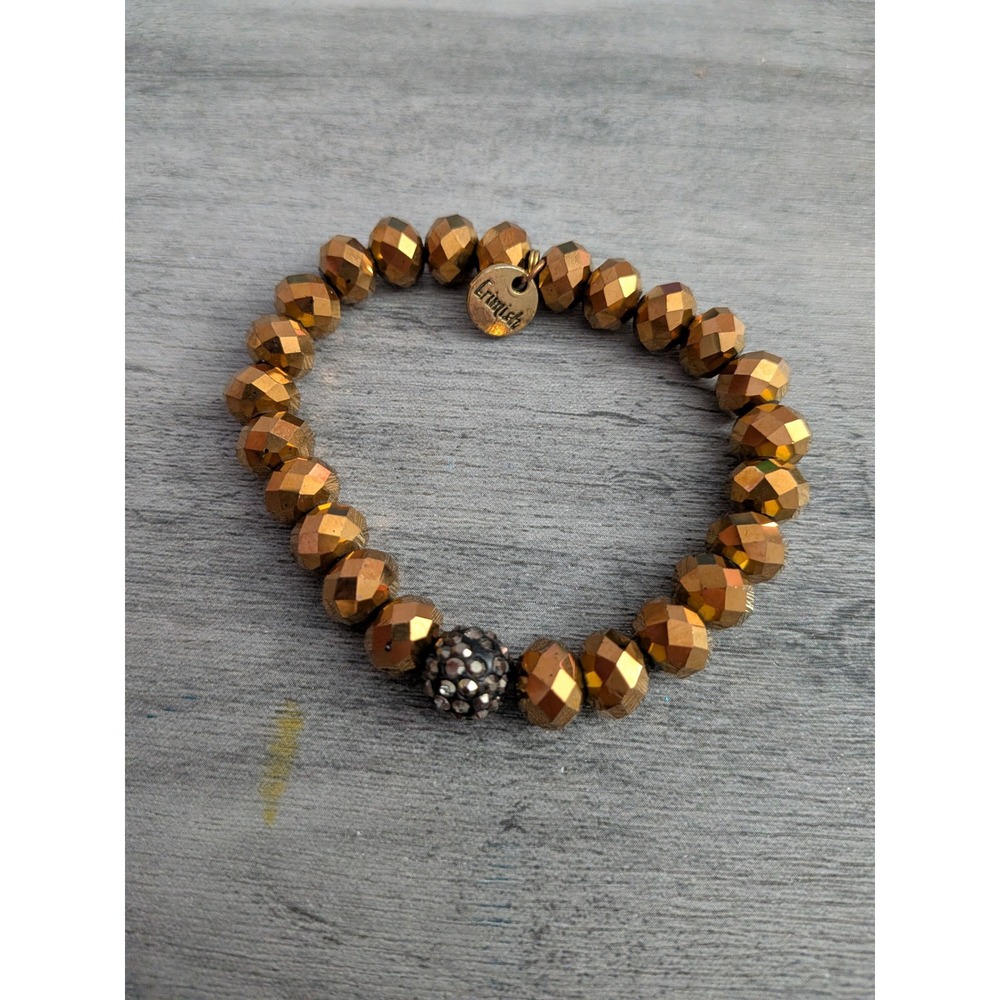 Erimish Metallic Bronze Faceted Bead Stretch Bracelet Pave Disco Ball Accent
